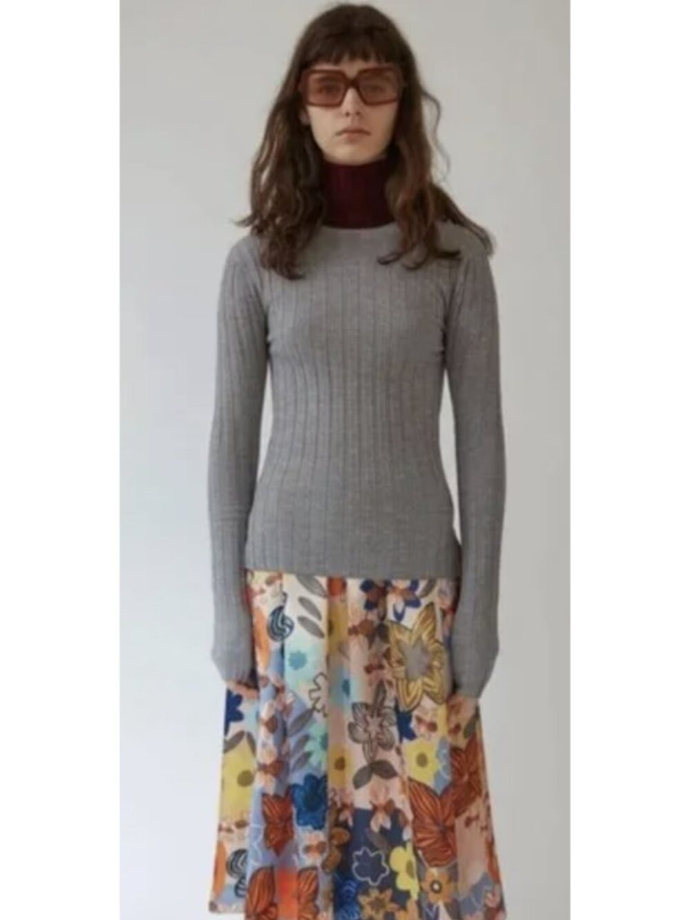 ACNE STUDIOS Carina Ribbed Sweater Top in Gray Small Minimalist Merino Wool